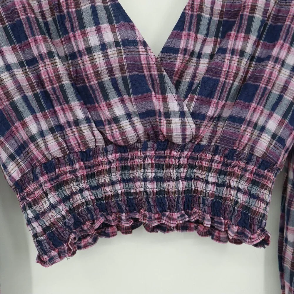Zara Plaid Crop Top Womens S Blue Puff Sleeve Preppy Picnic Summer Resort Travel